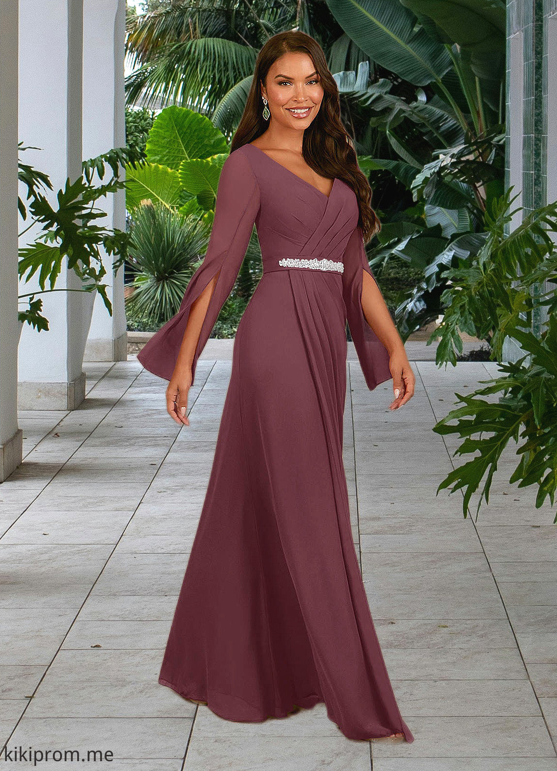 Sydnee A-Line V-Neck Pleated Chiffon Floor-Length Dress STFP0022656