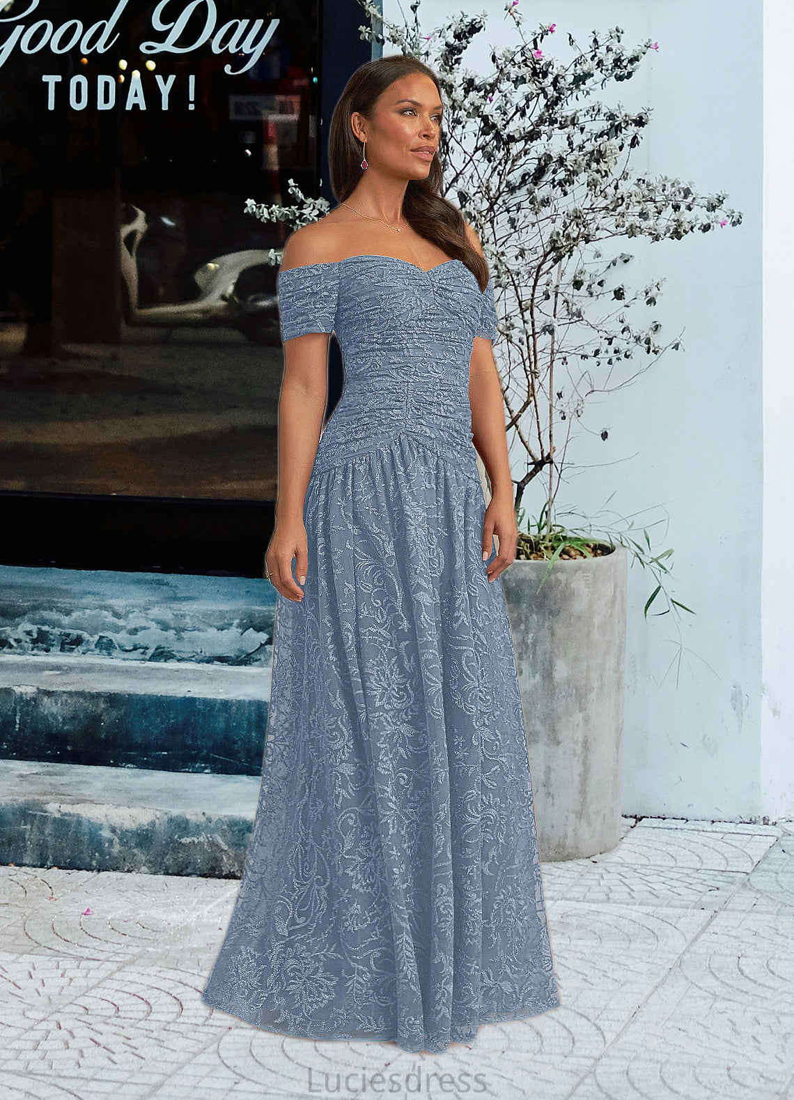 Miranda A-Line Sweetheart Off the Shoulder Lace Floor-Length Dress HFP0022688