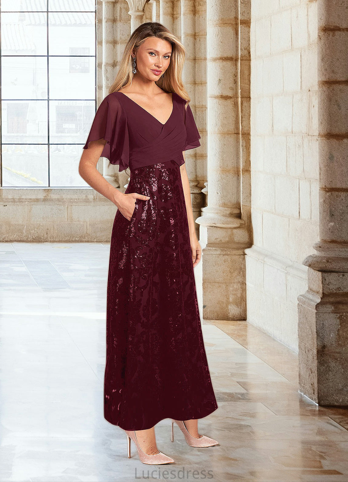 Rosie A-Line Sequins Chiffon Ankle-Length Dress HFP0022690