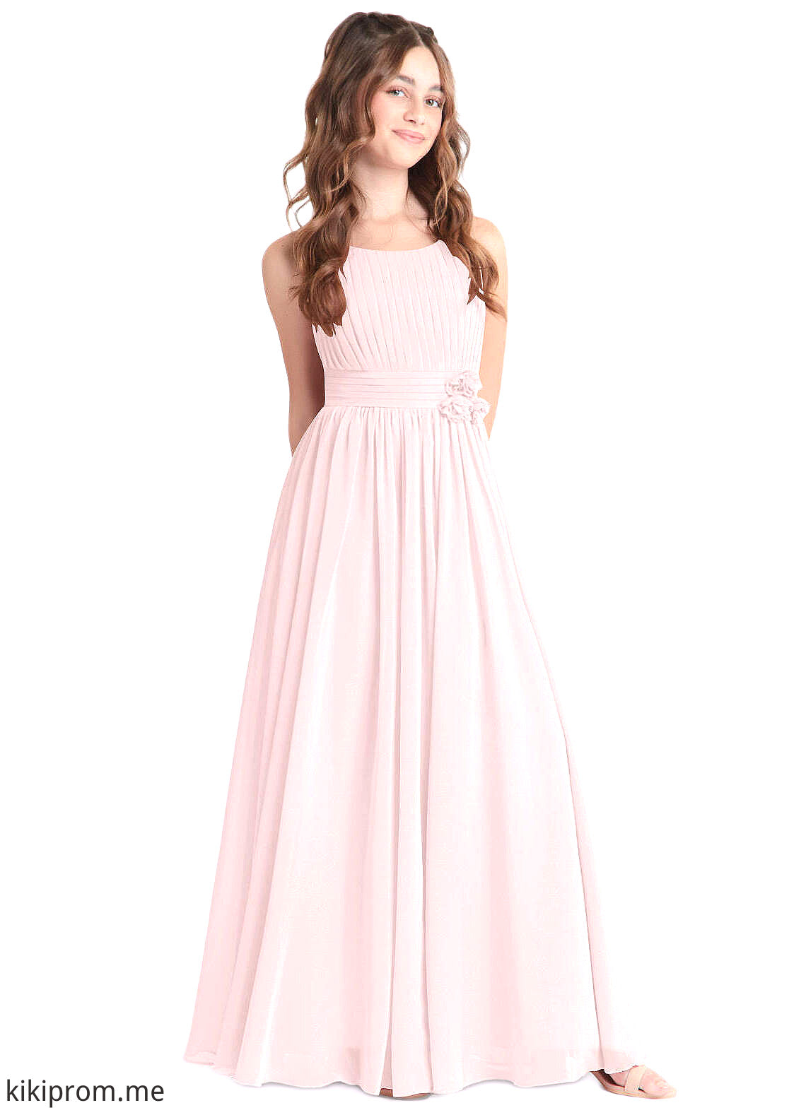 Melody A-Line Floral Chiffon Floor-Length Junior Bridesmaid Dress Blushing Pink STFP0022851