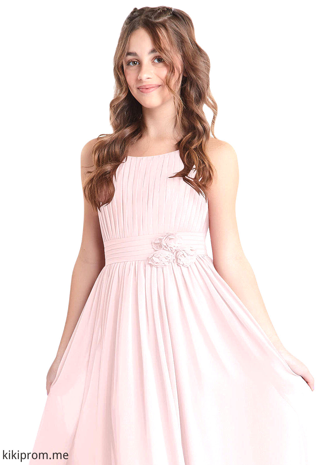 Melody A-Line Floral Chiffon Floor-Length Junior Bridesmaid Dress Blushing Pink STFP0022851