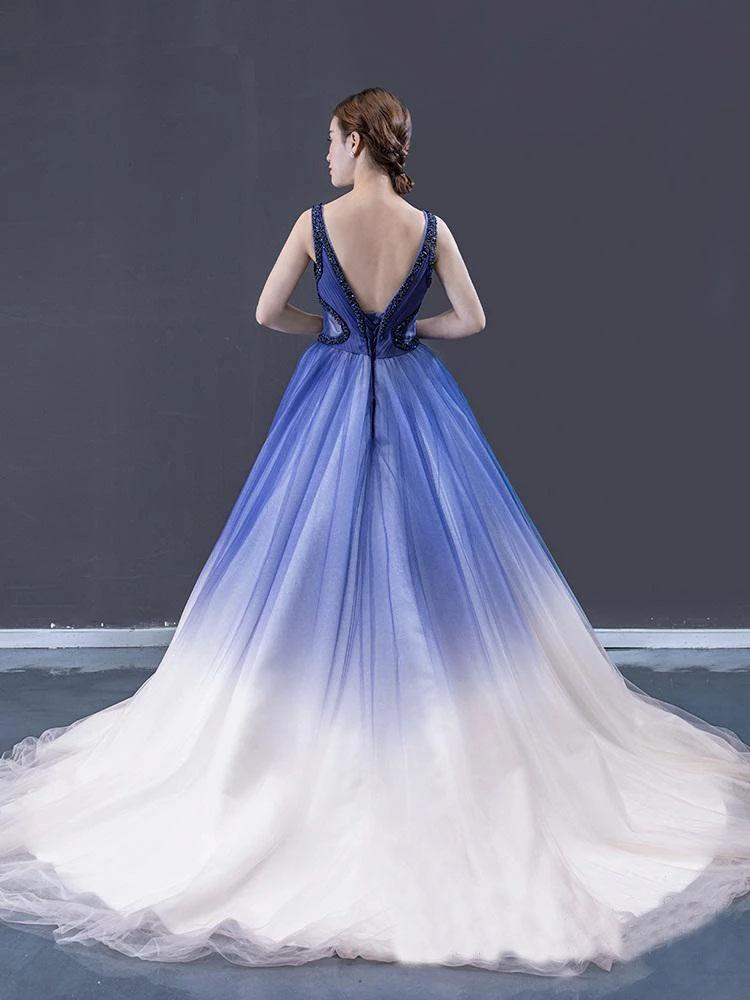 Ball Gown Ombre V Neck Tulle Royal Blue Long Prom Dresses, Quinceanera Dresses STF15067