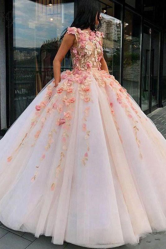 Princess Ball Gown Pink Tulle Prom Dresses with Handmade Flowers, Quinceanera STF15658