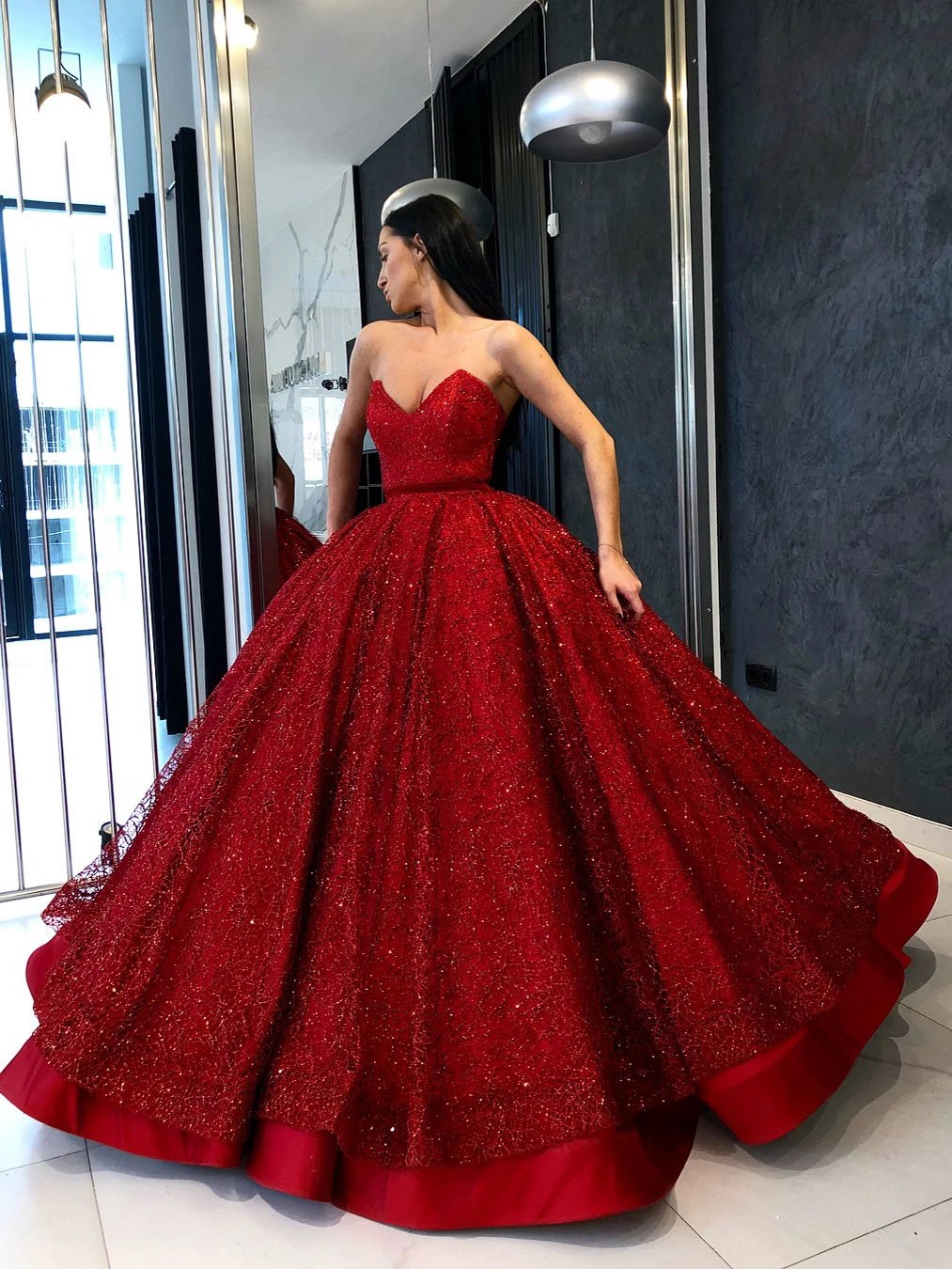 Sparkly Ball Gown Burgundy Strapless Sweetheart Prom Dresses, Long Quinceanera Dresses STF15428