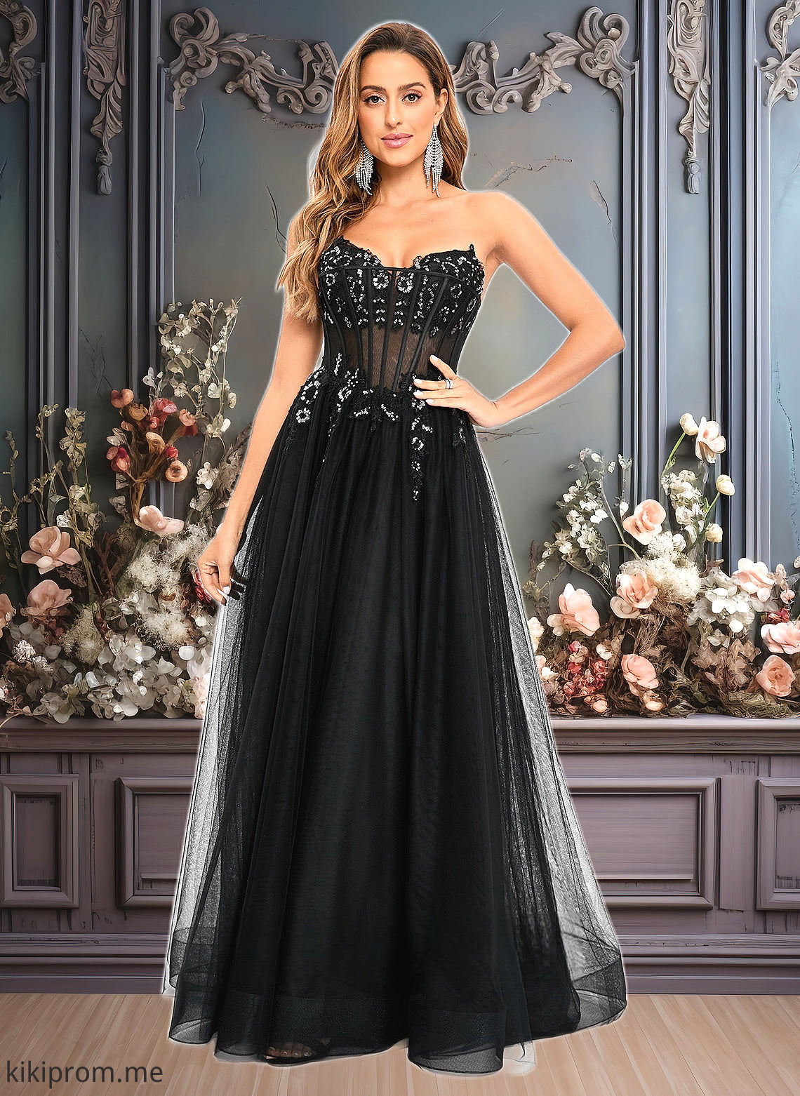 Elena Ball-Gown/Princess V-Neck Floor-Length Tulle Prom Dresses With Sequins Appliques Lace HFP0025837