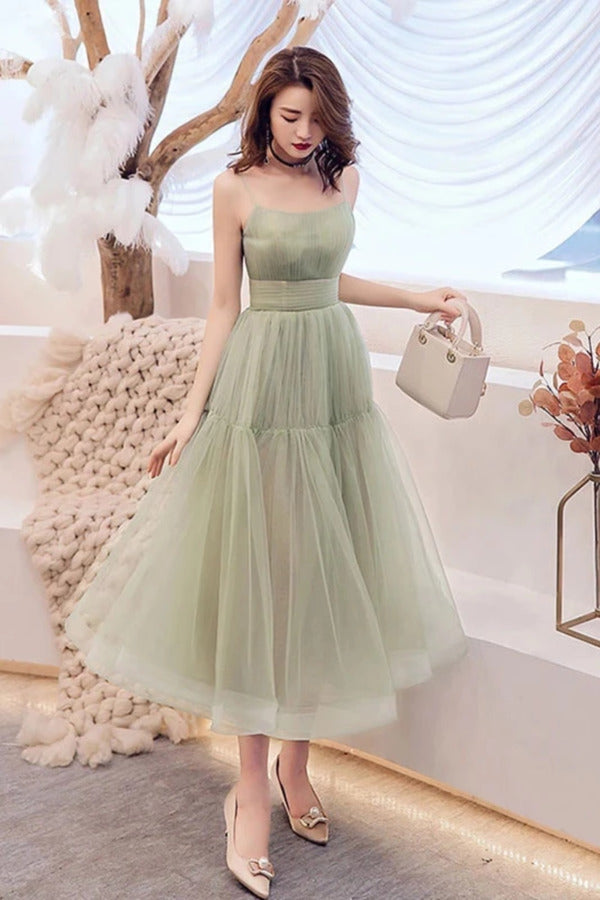 Simple Tulle Spaghetti Strap Sleeveless Pleated Prom Dresses A Line PBYXNERL