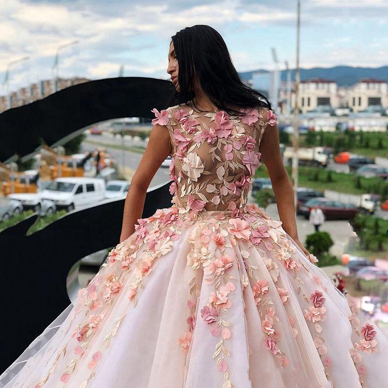 Princess Ball Gown Pink Tulle Prom Dresses with Handmade Flowers, Quinceanera STF15658