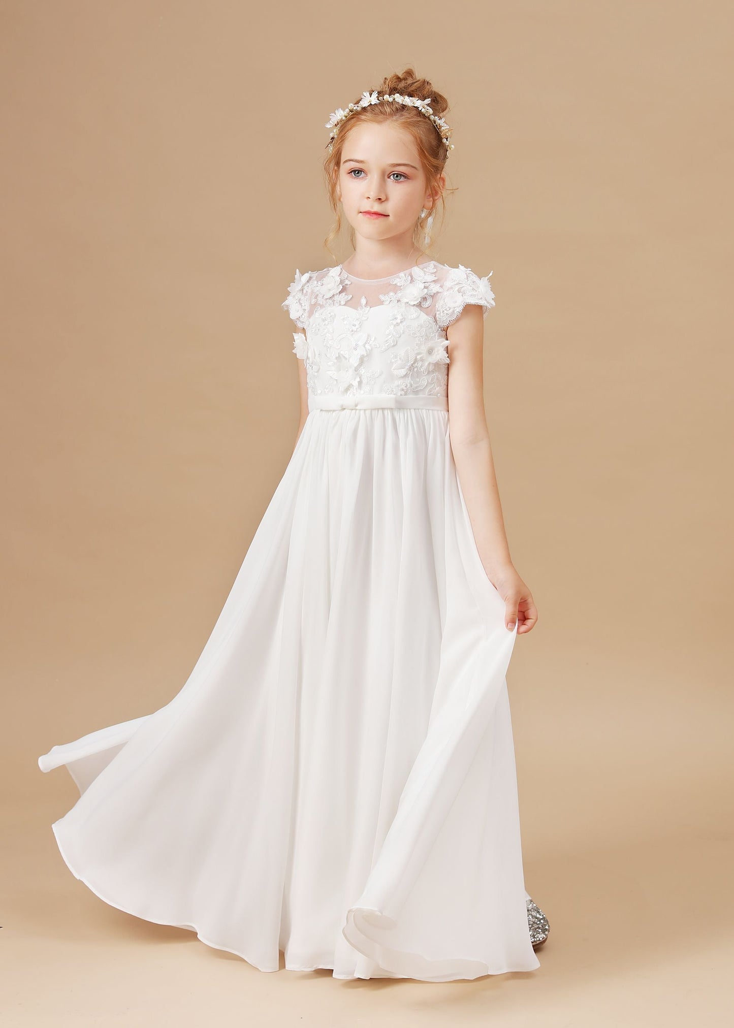 A-line Floor Length Ivory Chiffon Appliques Flower Girl Dresses