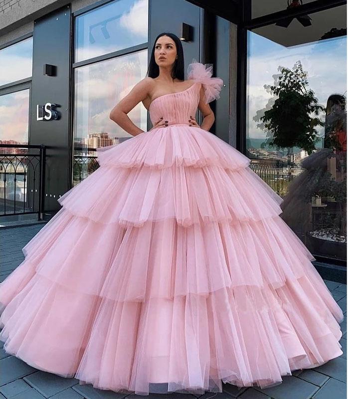 Charming Ball Gown Tulle Pink One Shoulder Long Prom Dresses, Quinceanera Dresses STF15096