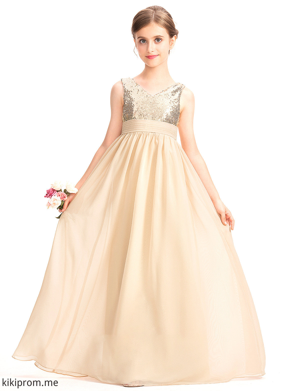 With V-neck Chiffon Ruffle Junior Bridesmaid Dresses Rory A-Line Floor-Length Sequined