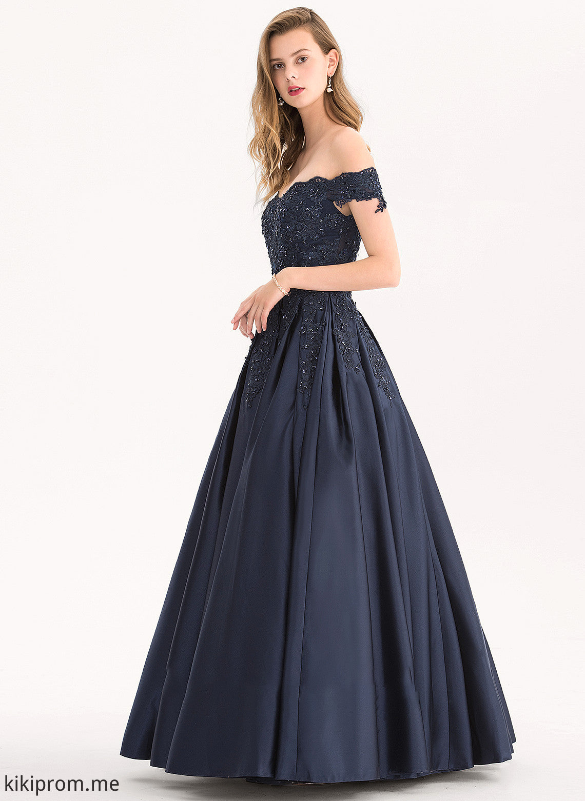 With Prom Dresses Ball-Gown/Princess Kaitlynn Floor-Length Off-the-Shoulder Beading Sequins Satin