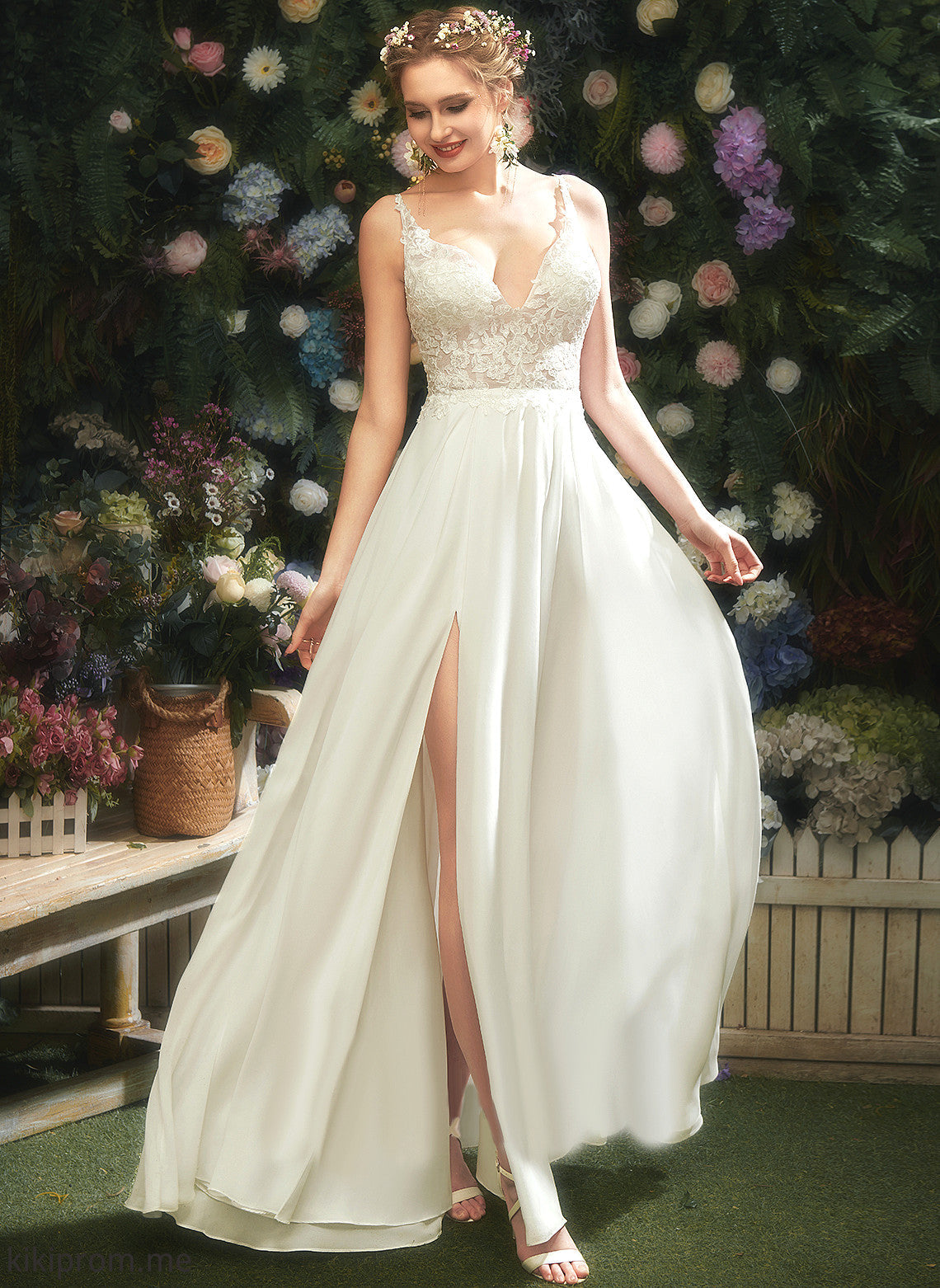 Wedding Lace Chiffon Front With Split Floor-Length V-neck A-Line Lace Dress Wedding Dresses Ariana