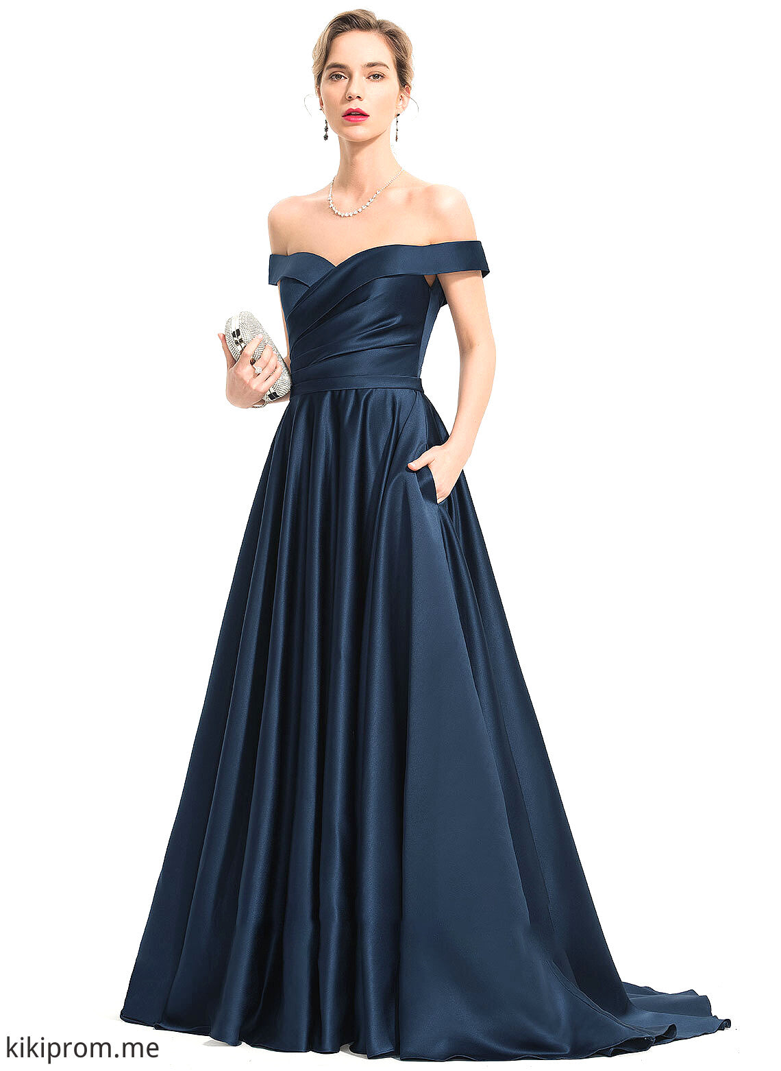 With Pockets Prom Dresses Off-the-Shoulder Sweep Satin A-Line Keely Train