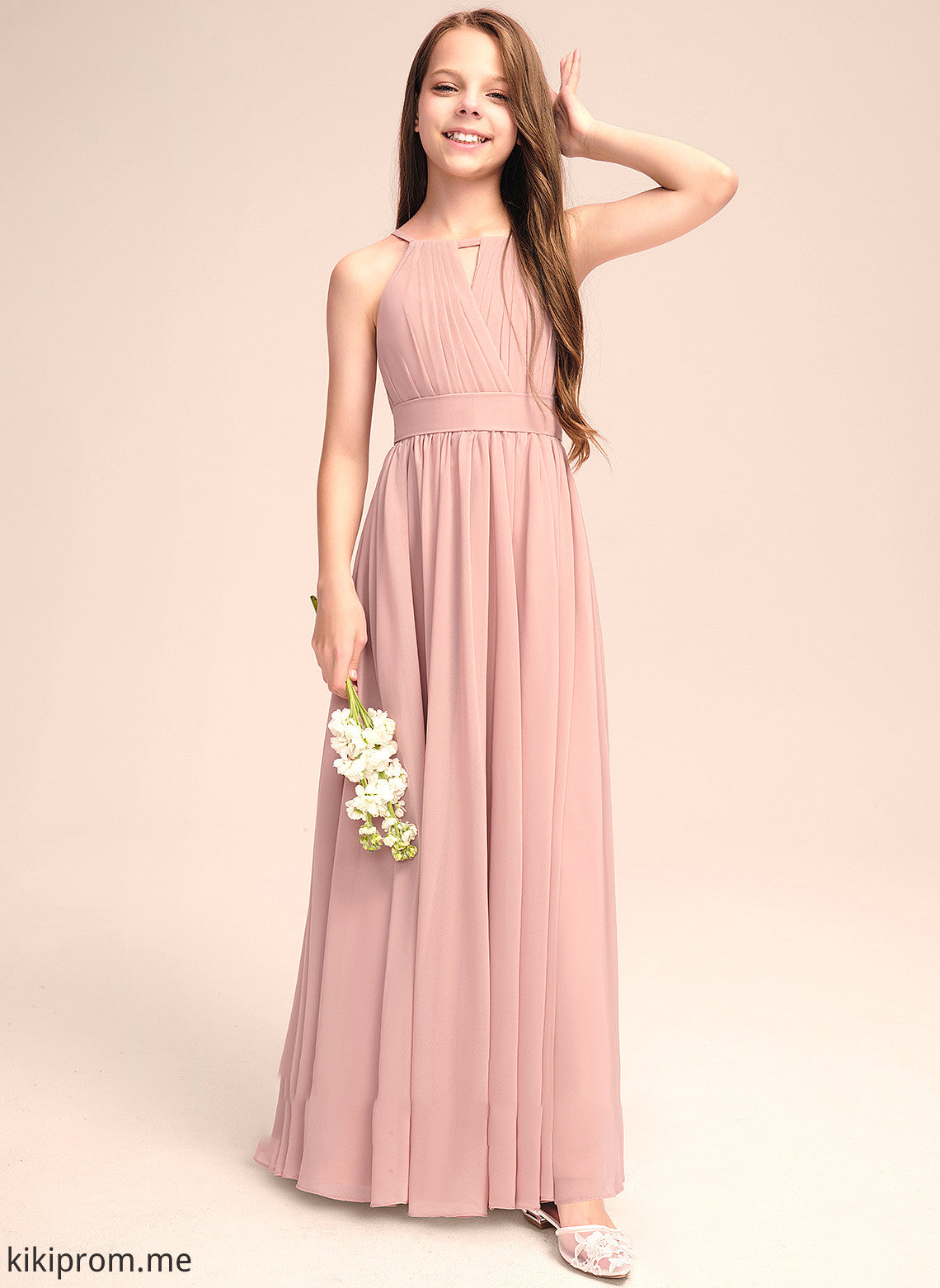 With Junior Bridesmaid Dresses Bow(s) Ruffle Chiffon Neck A-Line Ariel Floor-Length Scoop