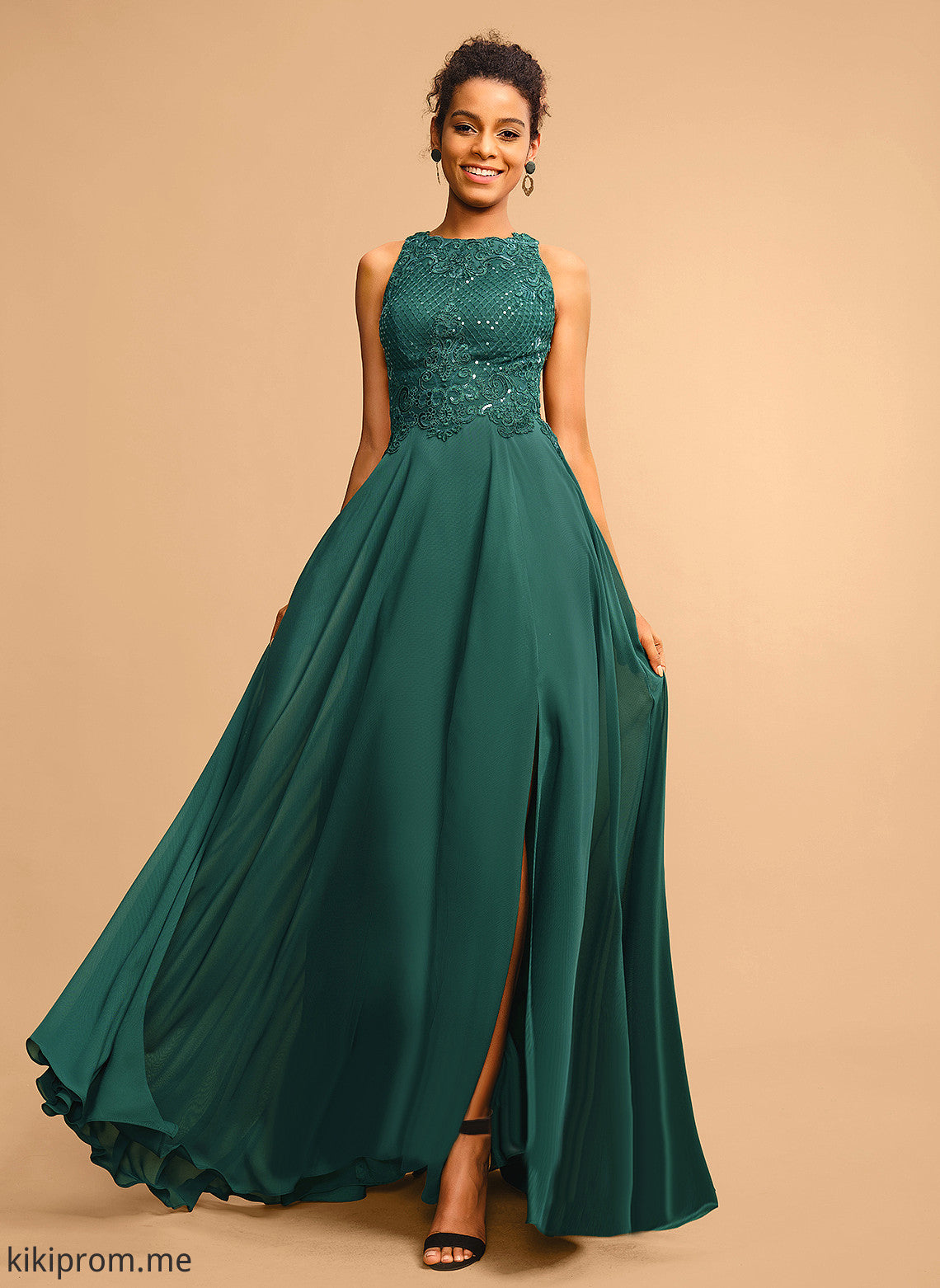 With Scoop Madilyn A-Line Floor-Length Lace Prom Dresses Chiffon Sequins