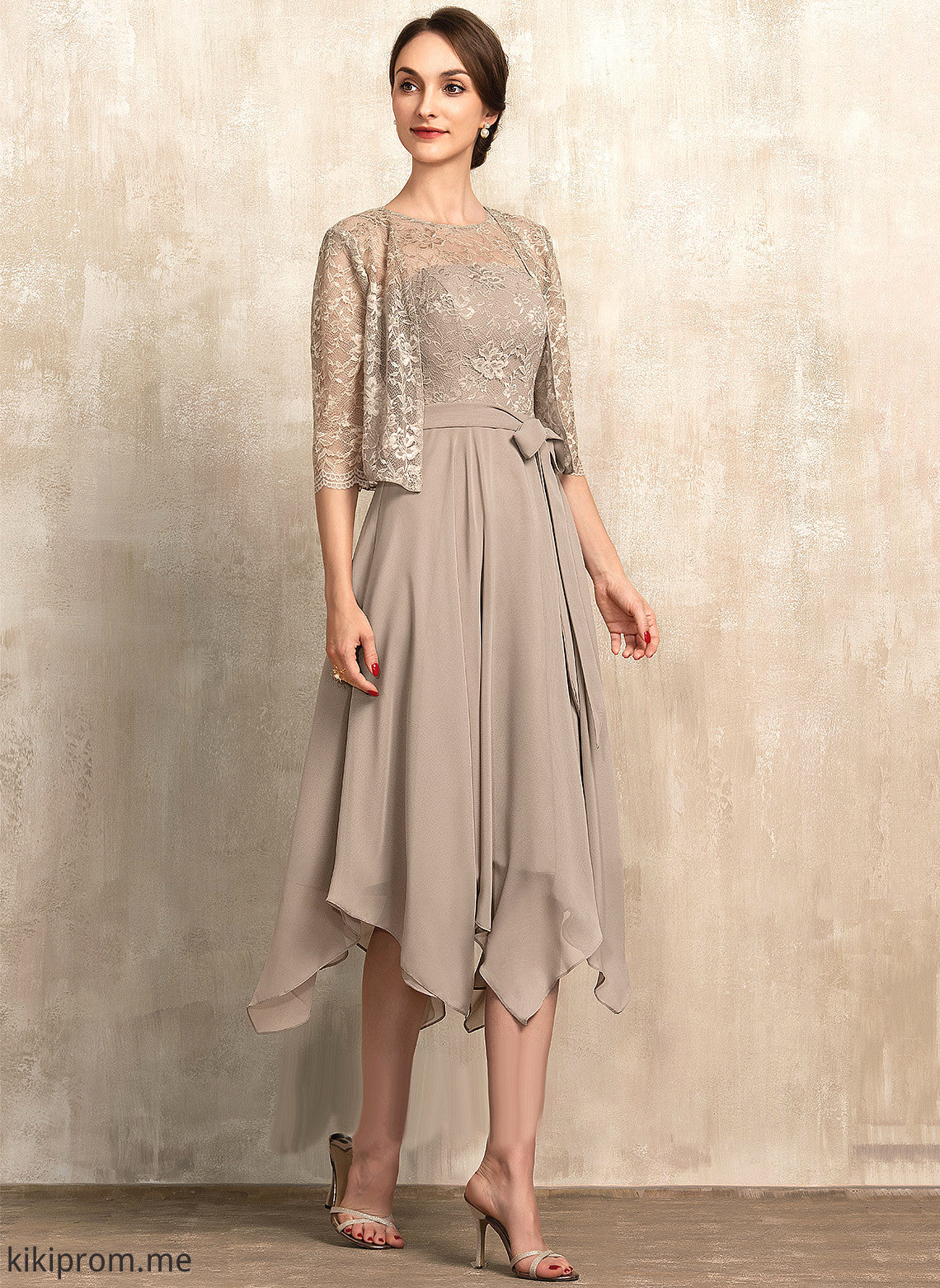 the Bow(s) Mother of the Bride Dresses Scoop Mother Lace Tea-Length With of Ashlee Neck Dress Chiffon Bride A-Line