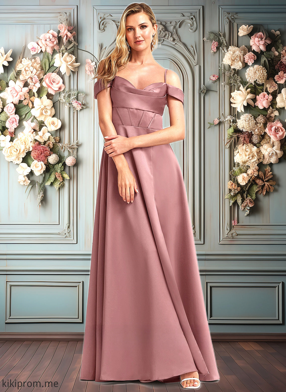 Emmy A-line Cold Shoulder Floor-Length Satin Bridesmaid Dress HFP0025750