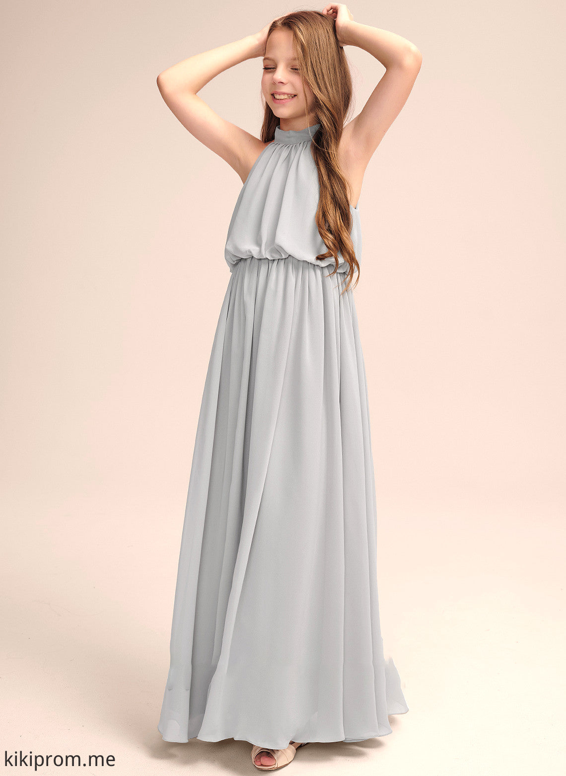 With Floor-Length Ruffle Camille A-Line High Chiffon Neck Junior Bridesmaid Dresses