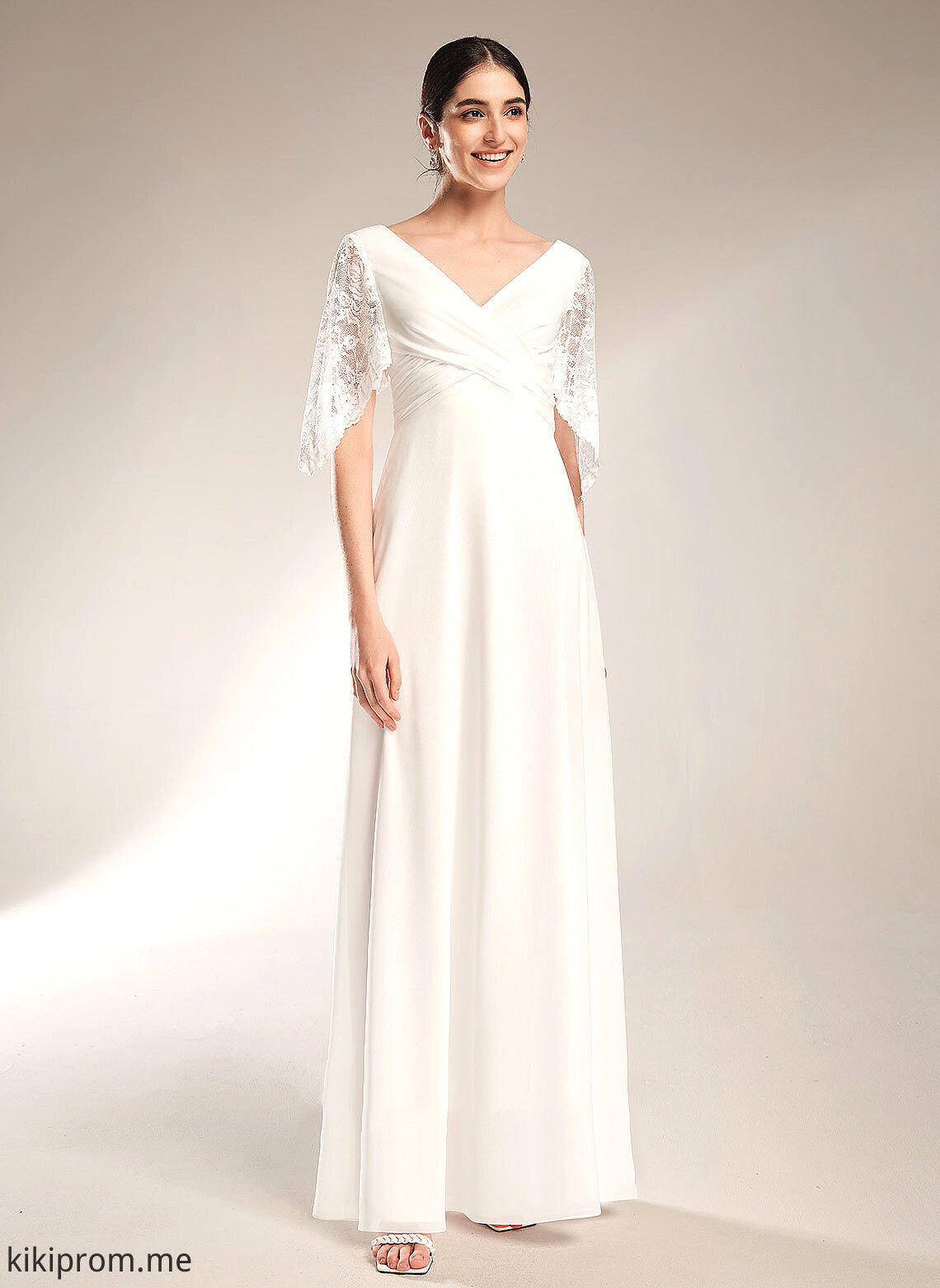 Sheath/Column Chiffon Dress Lace Wedding Dresses Floor-Length Reina V-neck Wedding