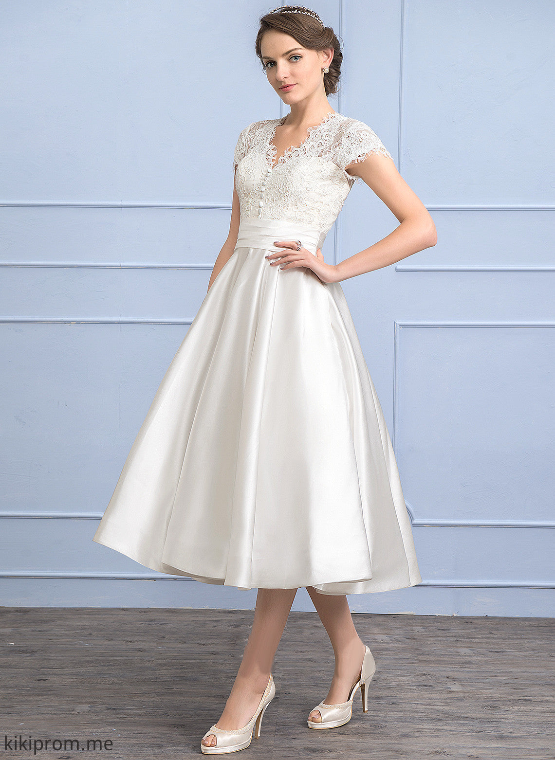 Tea-Length Wedding Dresses Lace Allison Dress Ruffle V-neck Wedding A-Line Satin Pockets With