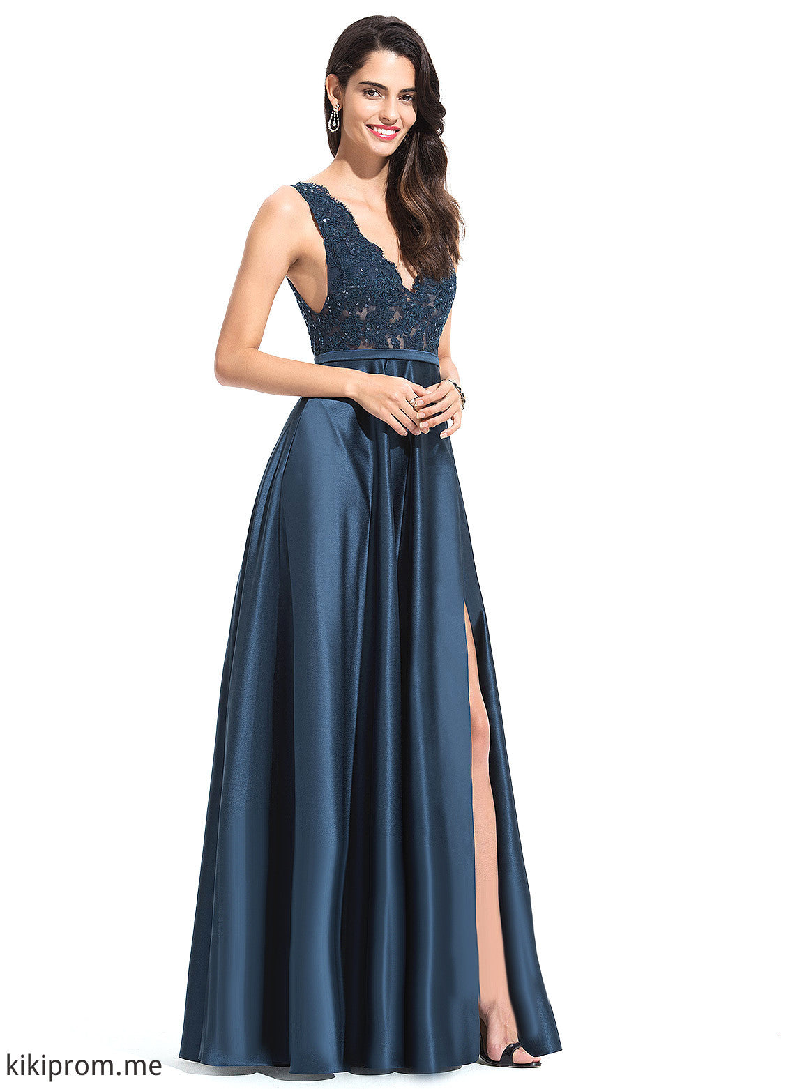 With Lace Raina Prom Dresses Satin A-Line Sequins V-neck Floor-Length