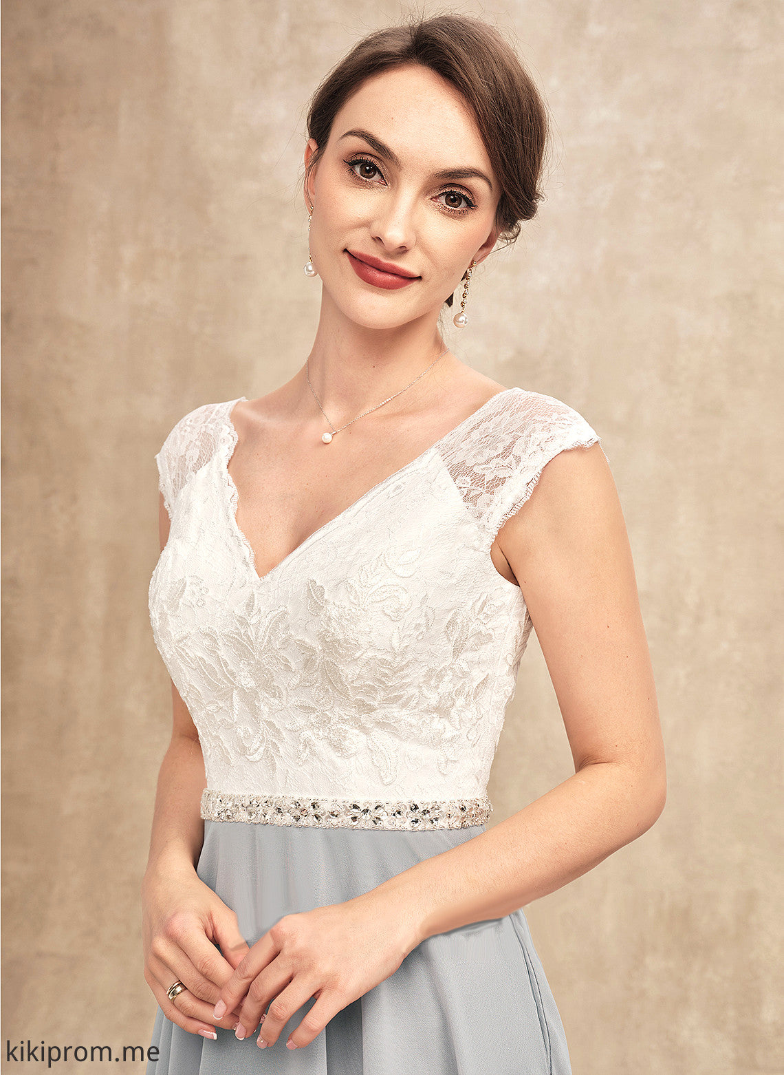 V-neck Tea-Length Dress Mother Chiffon Lace Bride the Beading of Nataly A-Line With Mother of the Bride Dresses