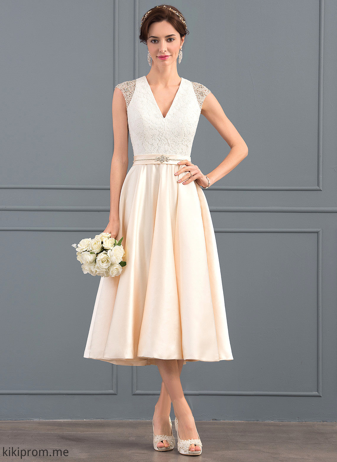 Beading Wedding A-Line Dress Lace Raegan Sequins Satin Tea-Length With V-neck Wedding Dresses