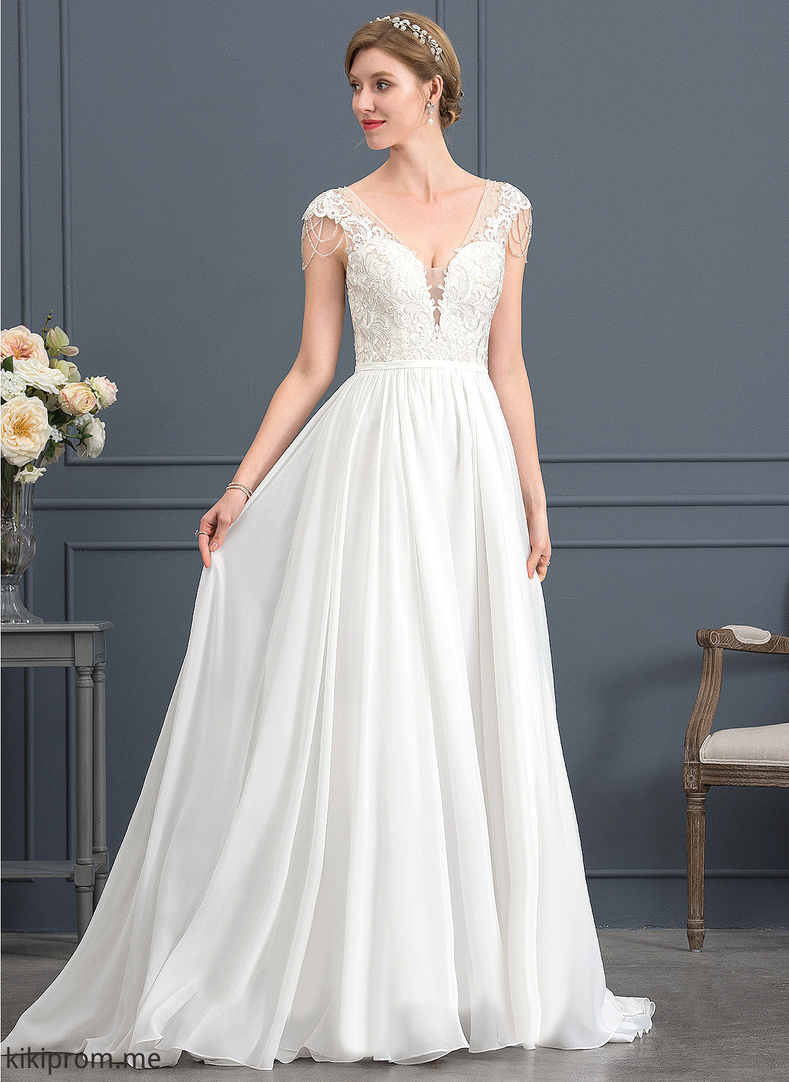 V-neck Sweep Paulina With Wedding Dresses Lace Train Sequins A-Line Dress Wedding Chiffon Beading