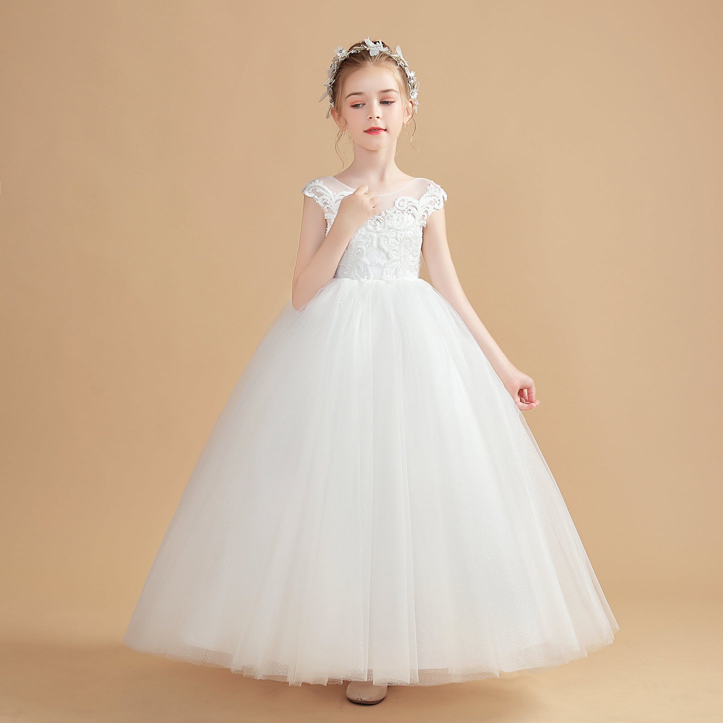 Cap Sleeves Ivory Tulle Flower Girl Dresses With Bow-Knot