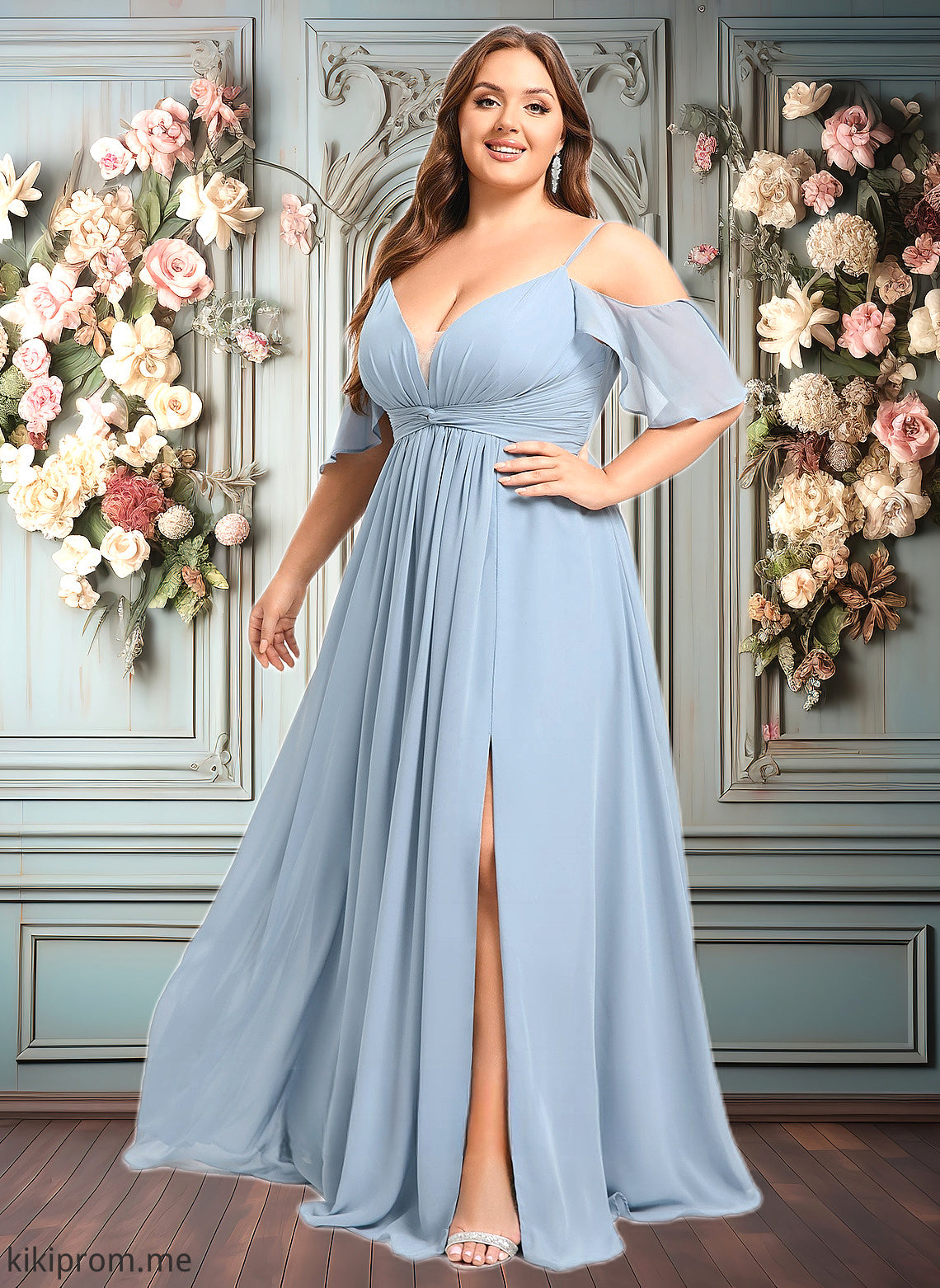 Carly A-line Cold Shoulder Floor-Length Chiffon Bridesmaid Dress With Ruffle HFP0025797