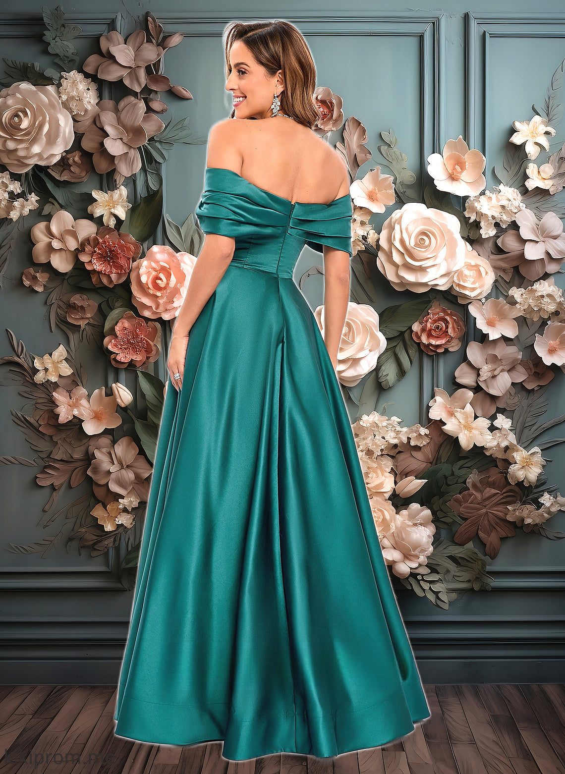 Terri A-line Off the Shoulder Floor-Length Satin Prom Dresses With Pleated HFP0025851