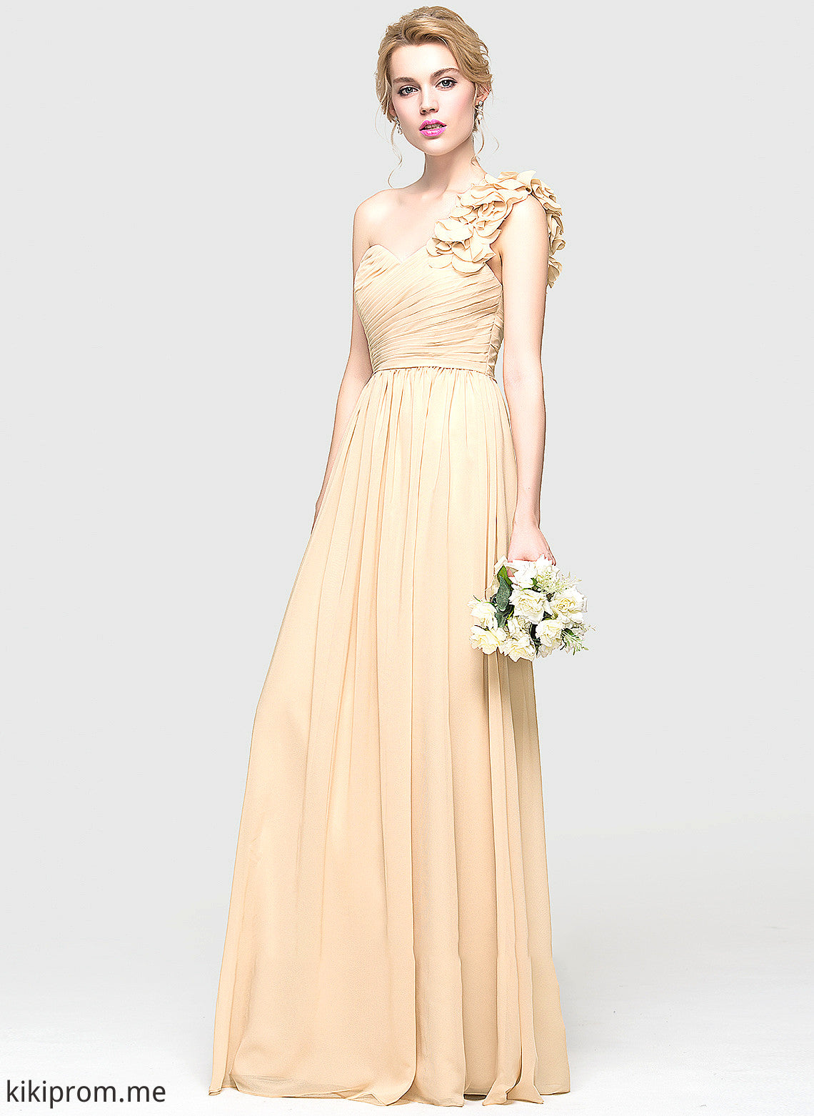 A-Line Kailey Floor-Length One-Shoulder Flower(s) Prom Dresses With Chiffon Ruffle