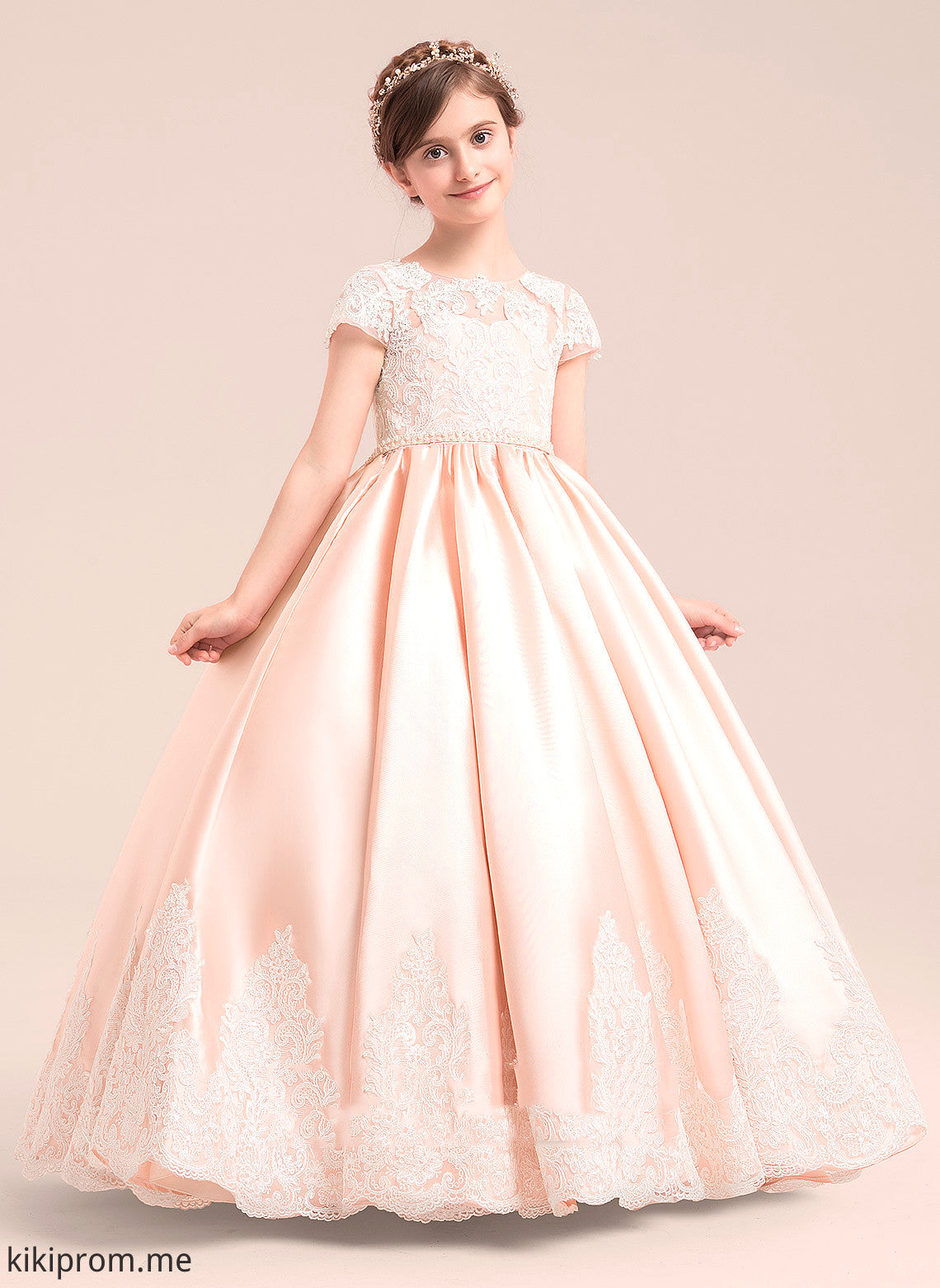 Satin/Tulle/Lace Philippa (Petticoat With Ball Dress Floor-length NOT included) Girl Short Gown - Sleeves Flower Beading Scoop Neck Flower Girl Dresses