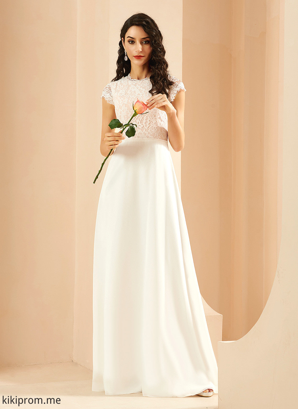 With June Chiffon Wedding Dresses Scoop Neck Lace Dress Wedding Floor-Length A-Line