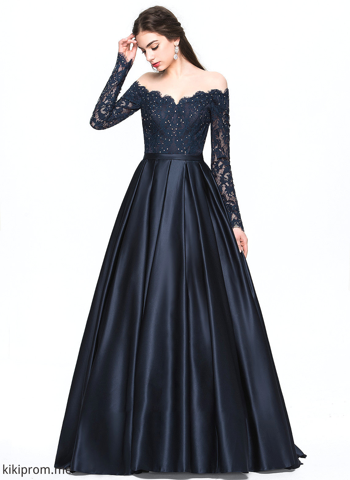 With Prom Dresses Beading Satin Train Ball-Gown/Princess Averie Off-the-Shoulder Sweep