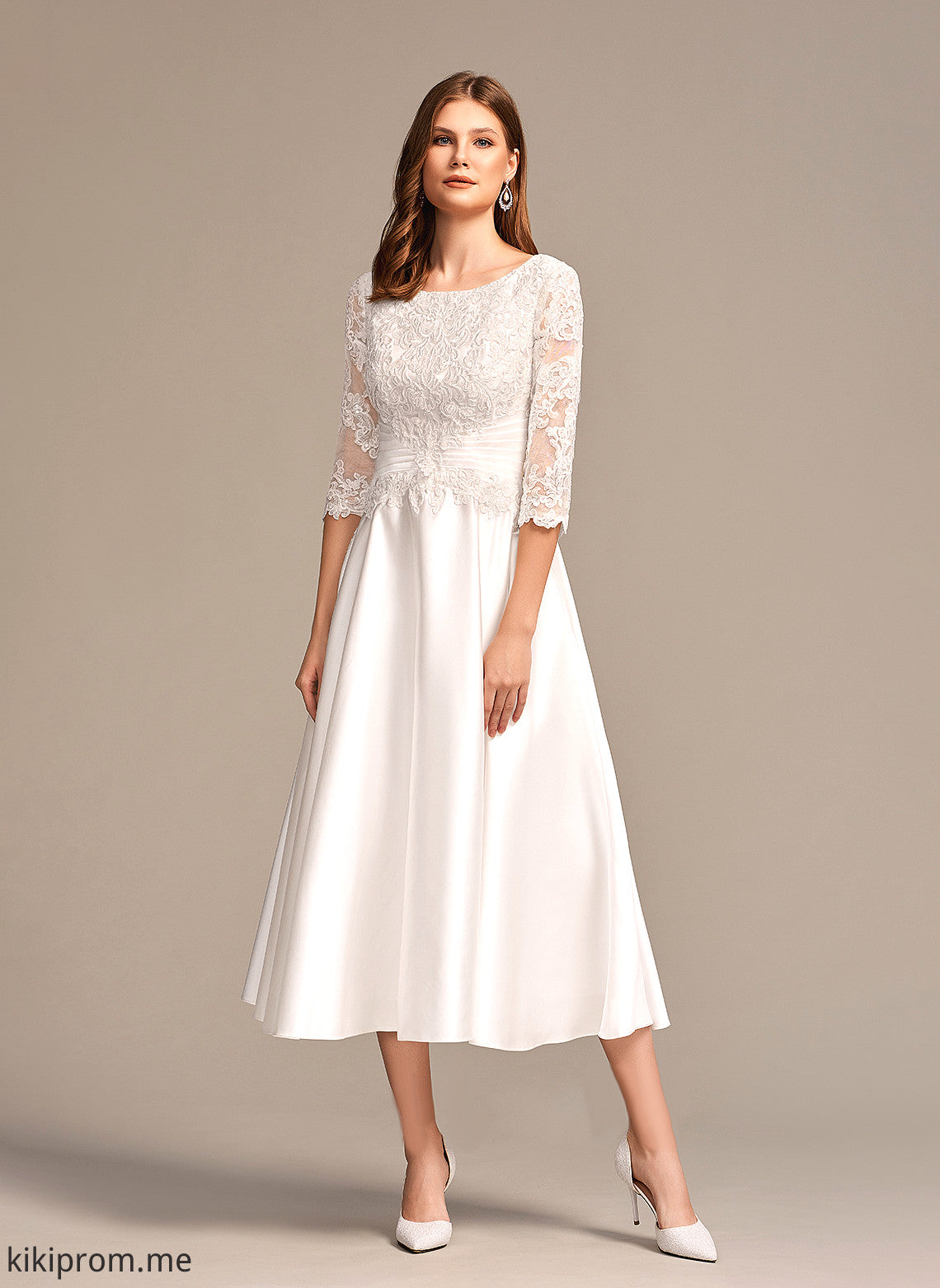 Scoop Wedding Satin Wedding Dresses Pockets Dress Tea-Length Lace With Neck Nan A-Line