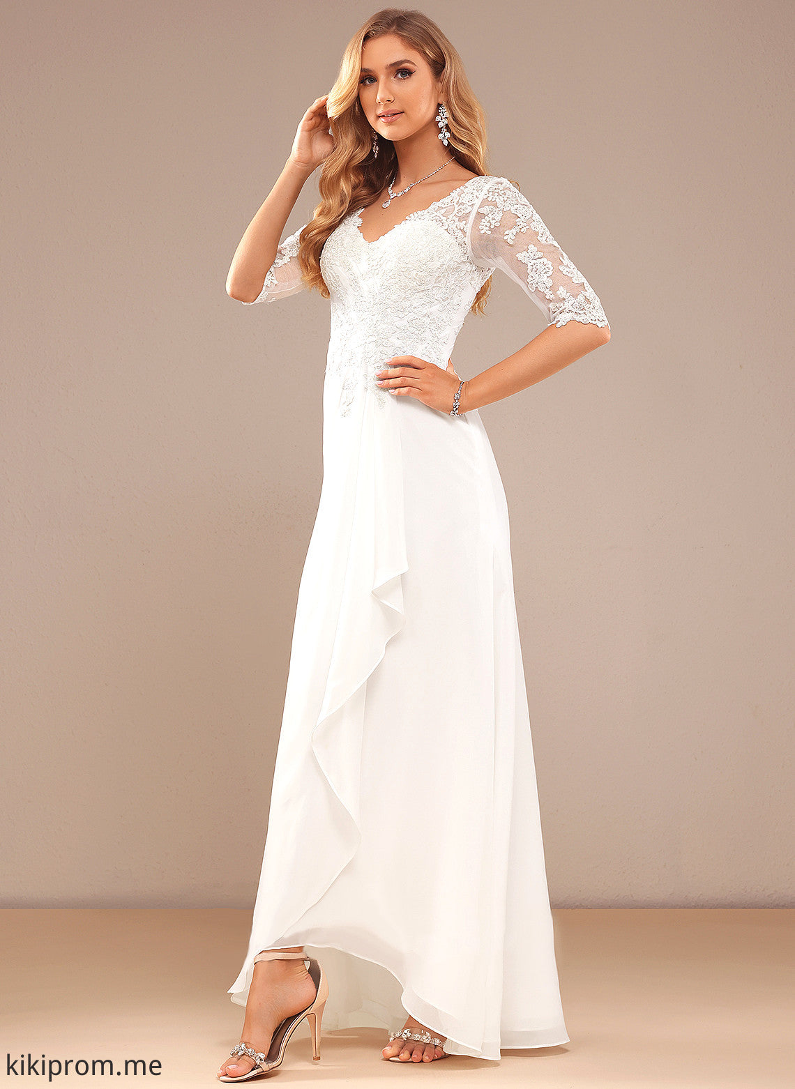 Ruffle V-neck A-Line Chiffon Wedding Lace Kaylen Asymmetrical Dress With Wedding Dresses