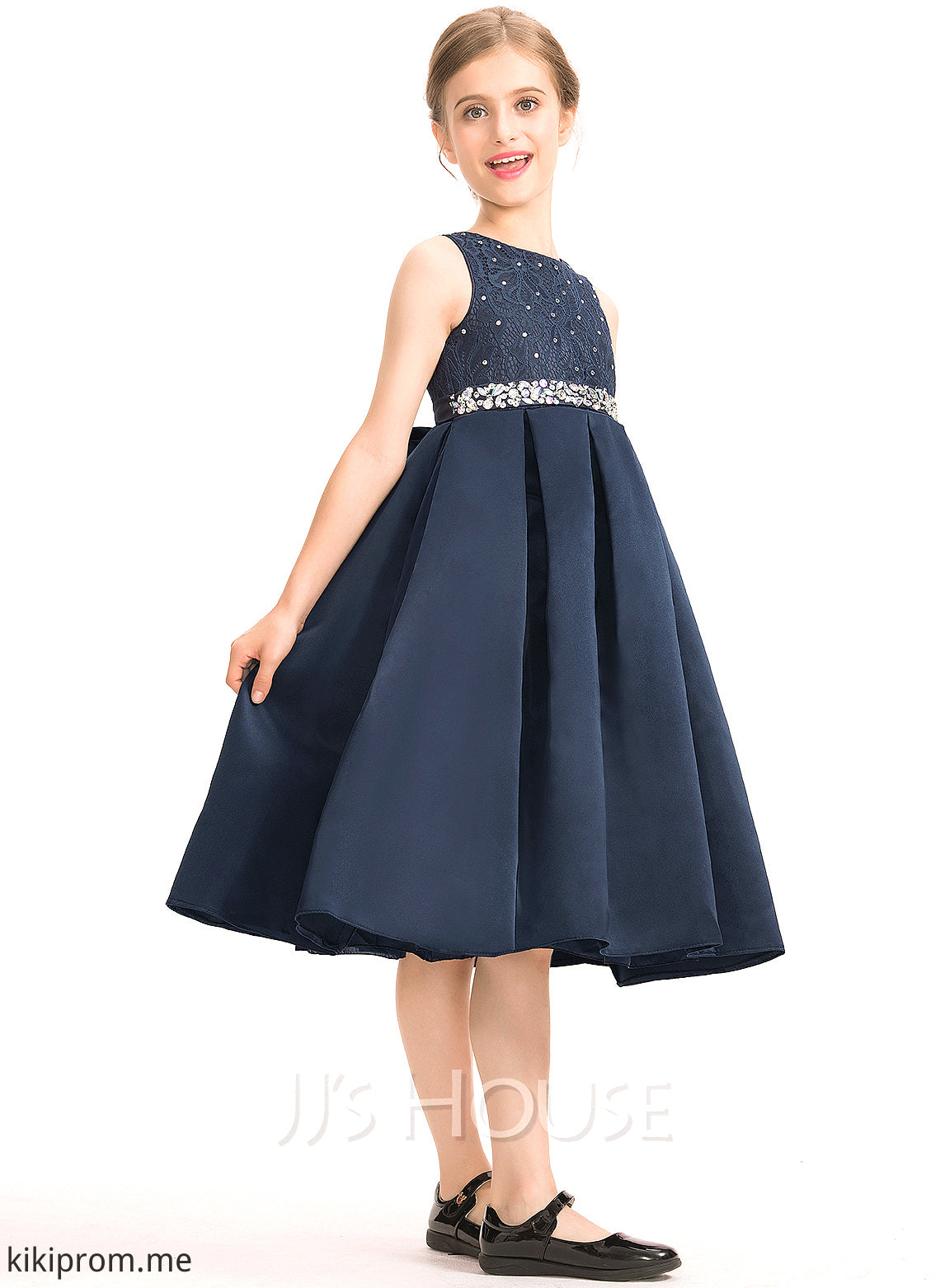 With Beading Scoop A-Line Bow(s) Junior Bridesmaid Dresses Ariana Satin Neck Lace Knee-Length