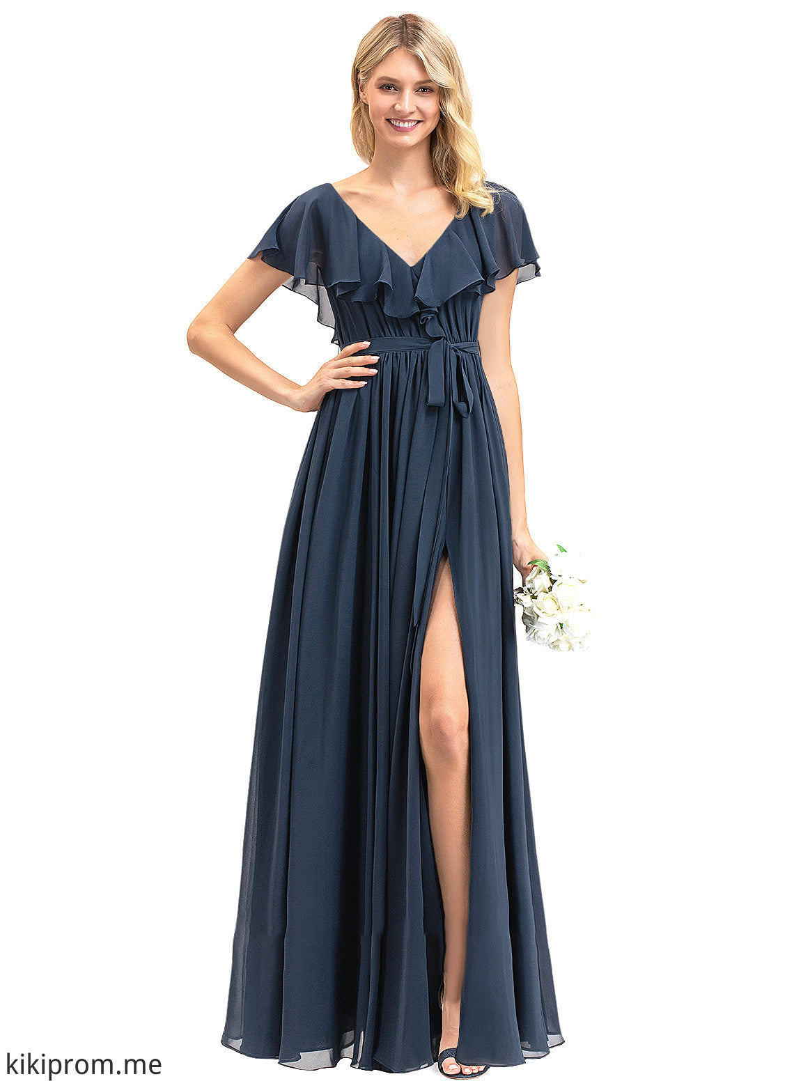 V-neck Chiffon With Split Bow(s) Floor-Length A-Line Prom Dresses Cascading Ruffles Front Sienna