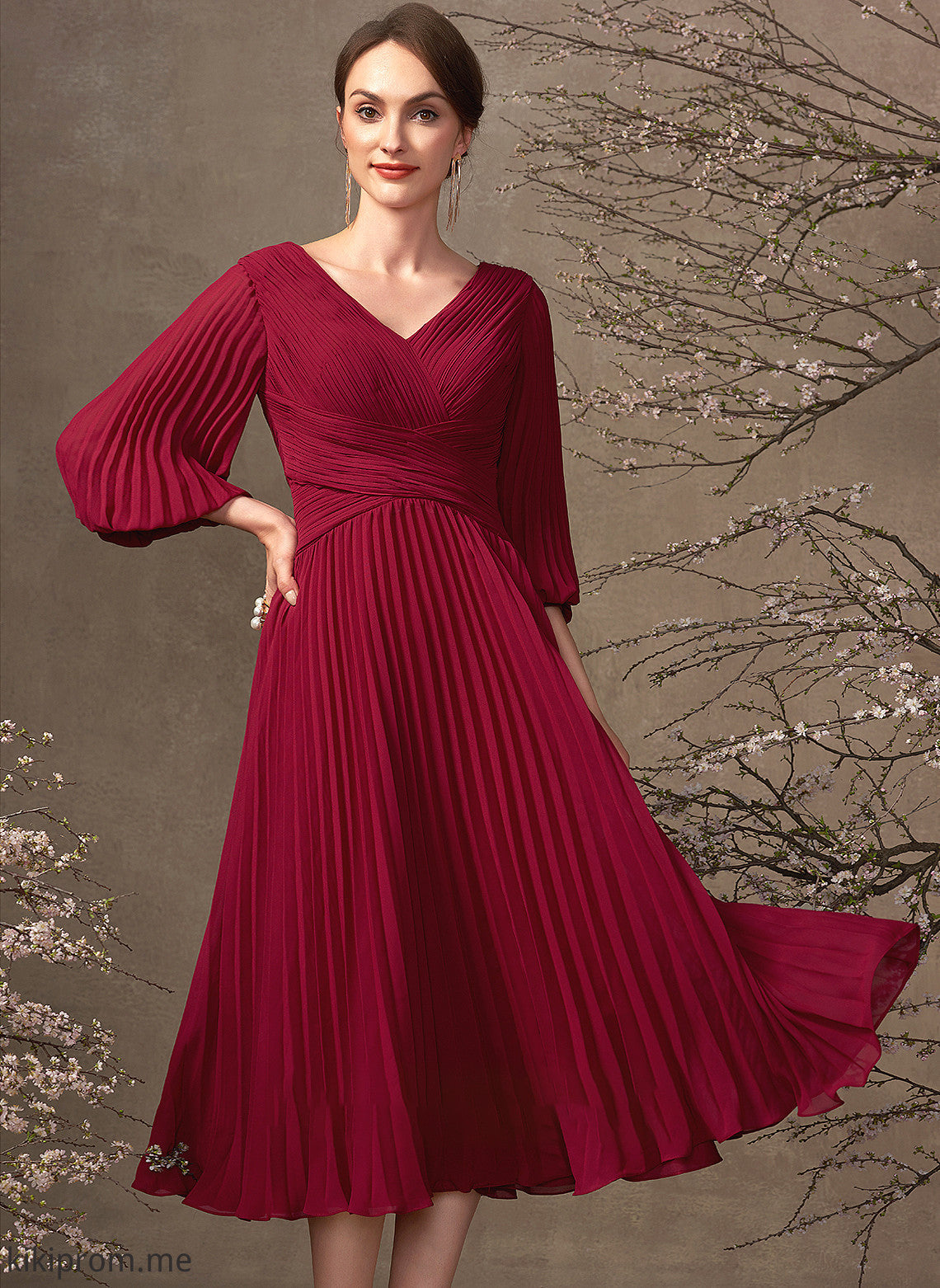 Bride Dress V-neck the With Chiffon of Mother Pleated Tea-Length Heidi A-Line Mother of the Bride Dresses