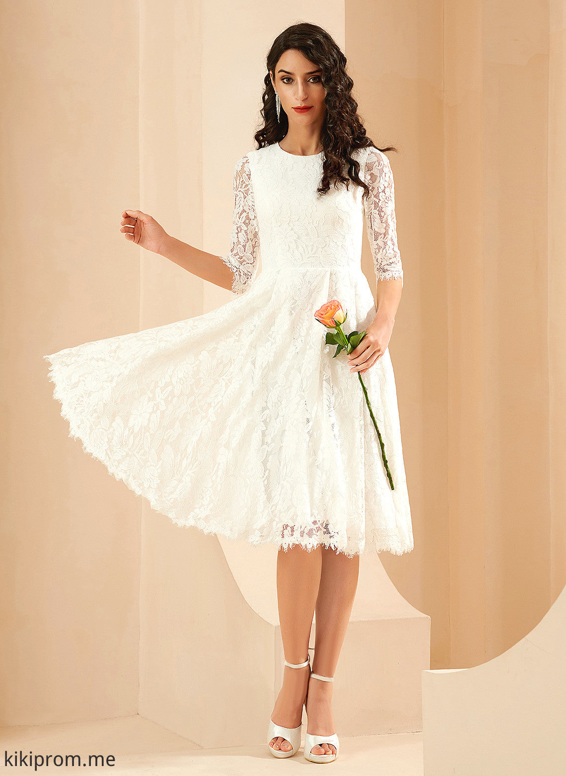 Knee-Length Scoop Kaydence Lace Wedding Wedding Dresses A-Line Dress