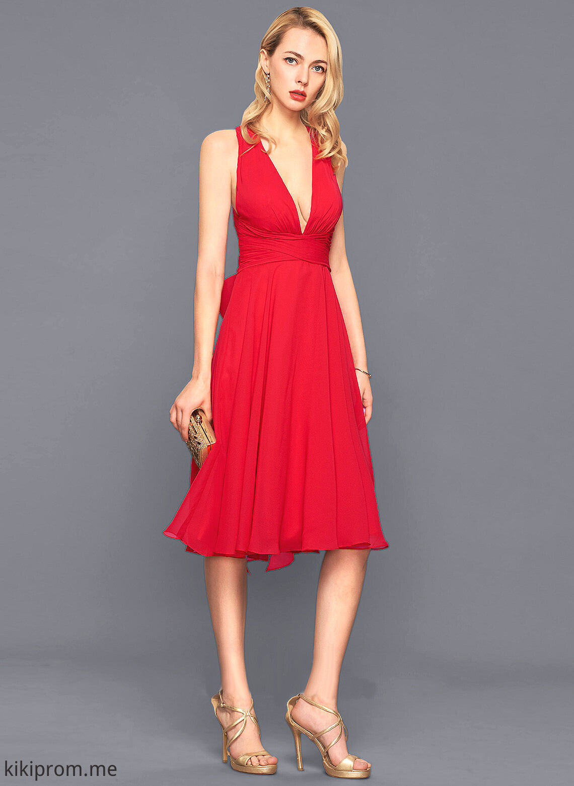 With Cocktail Cocktail Dresses Chiffon Crystal Ruffle Dress A-Line Bow(s) V-neck Knee-Length