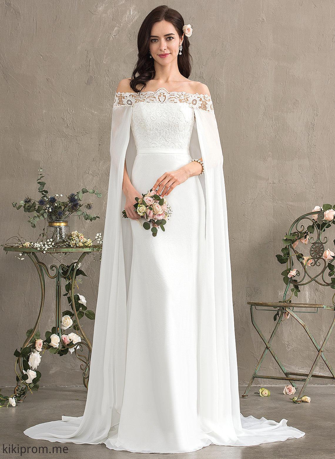 Wedding Dresses Court Lace Train With Sheath/Column Chiffon Lace Off-the-Shoulder Wedding Evangeline Dress