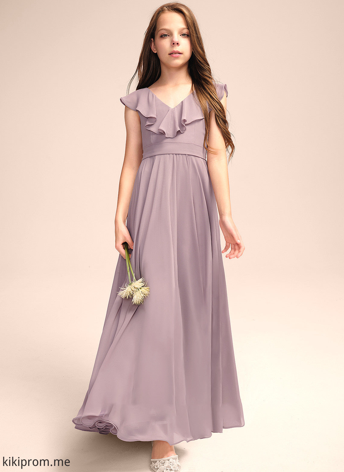 With Chiffon Evangeline Cascading Junior Bridesmaid Dresses Ruffles A-Line Floor-Length V-neck