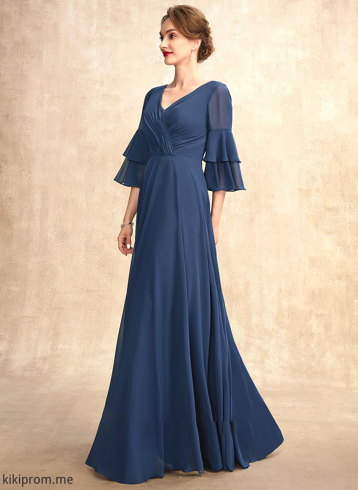 Adelyn Ruffles Mother of the Bride Dresses Mother Floor-Length Dress Chiffon the Cascading With V-neck of A-Line Bride