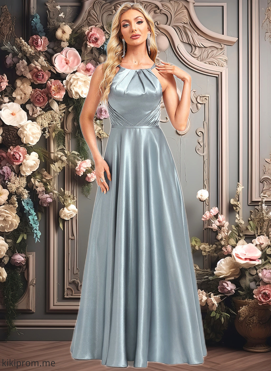 Adelaide A-line Halter Floor-Length Stretch Satin Bridesmaid Dress HFP0025783