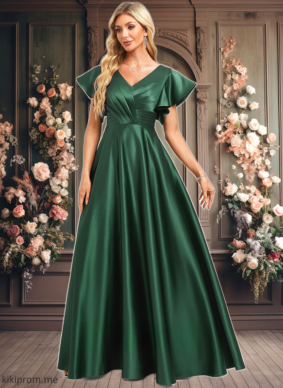 Makena A-line V-Neck Floor-Length Satin Bridesmaid Dress With Ruffle HFP0025777