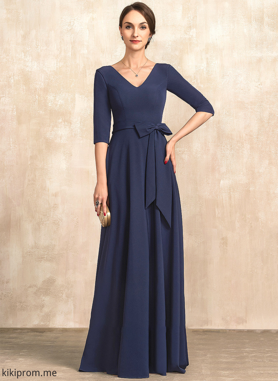 Crepe Bride Dress of With Hadley the Mother of the Bride Dresses Bow(s) Floor-Length Stretch Mother A-Line V-neck