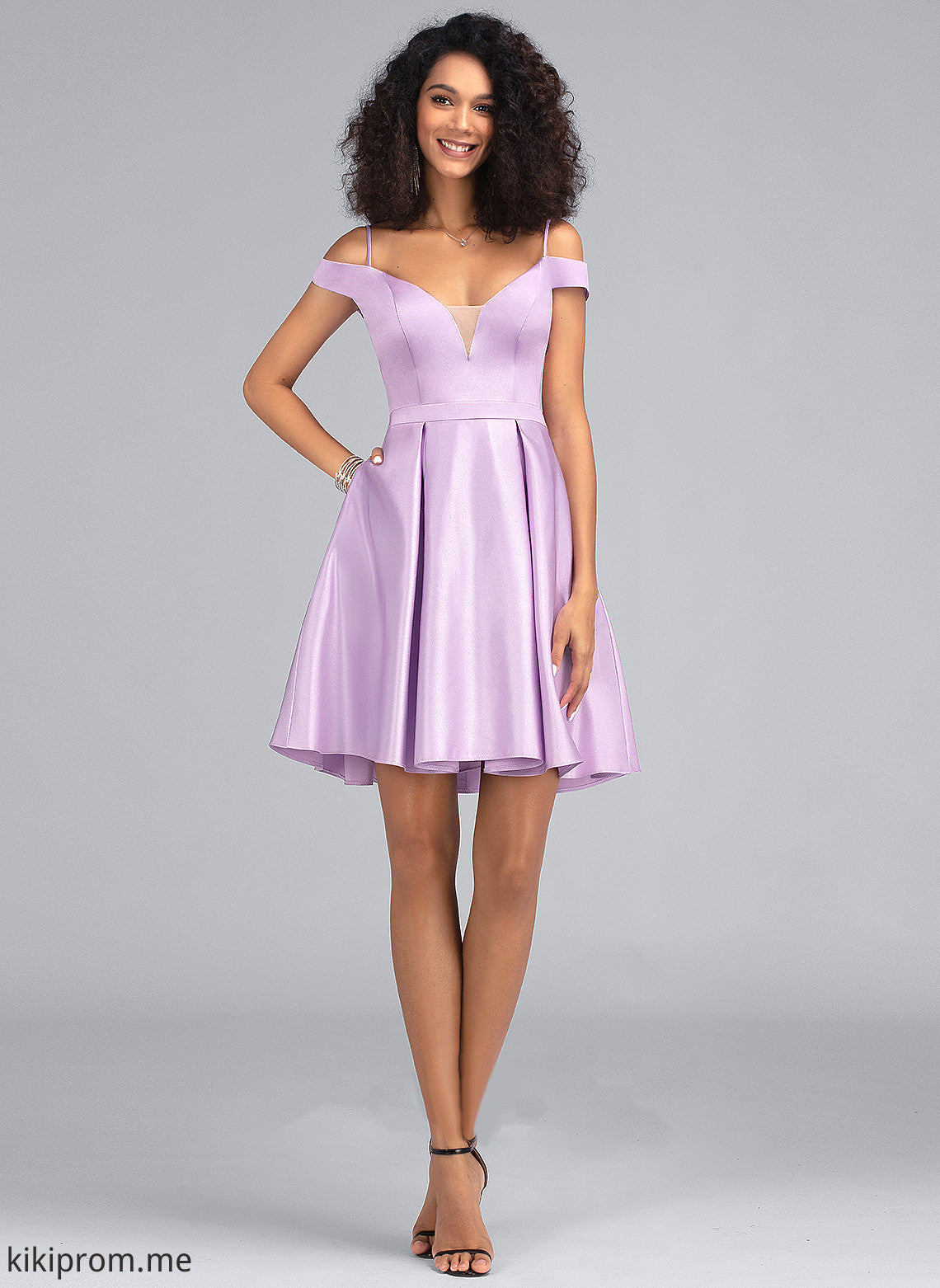 With Satin Short/Mini Pockets Bow(s) Off-the-Shoulder Maddison Homecoming Dresses Homecoming Dress A-Line