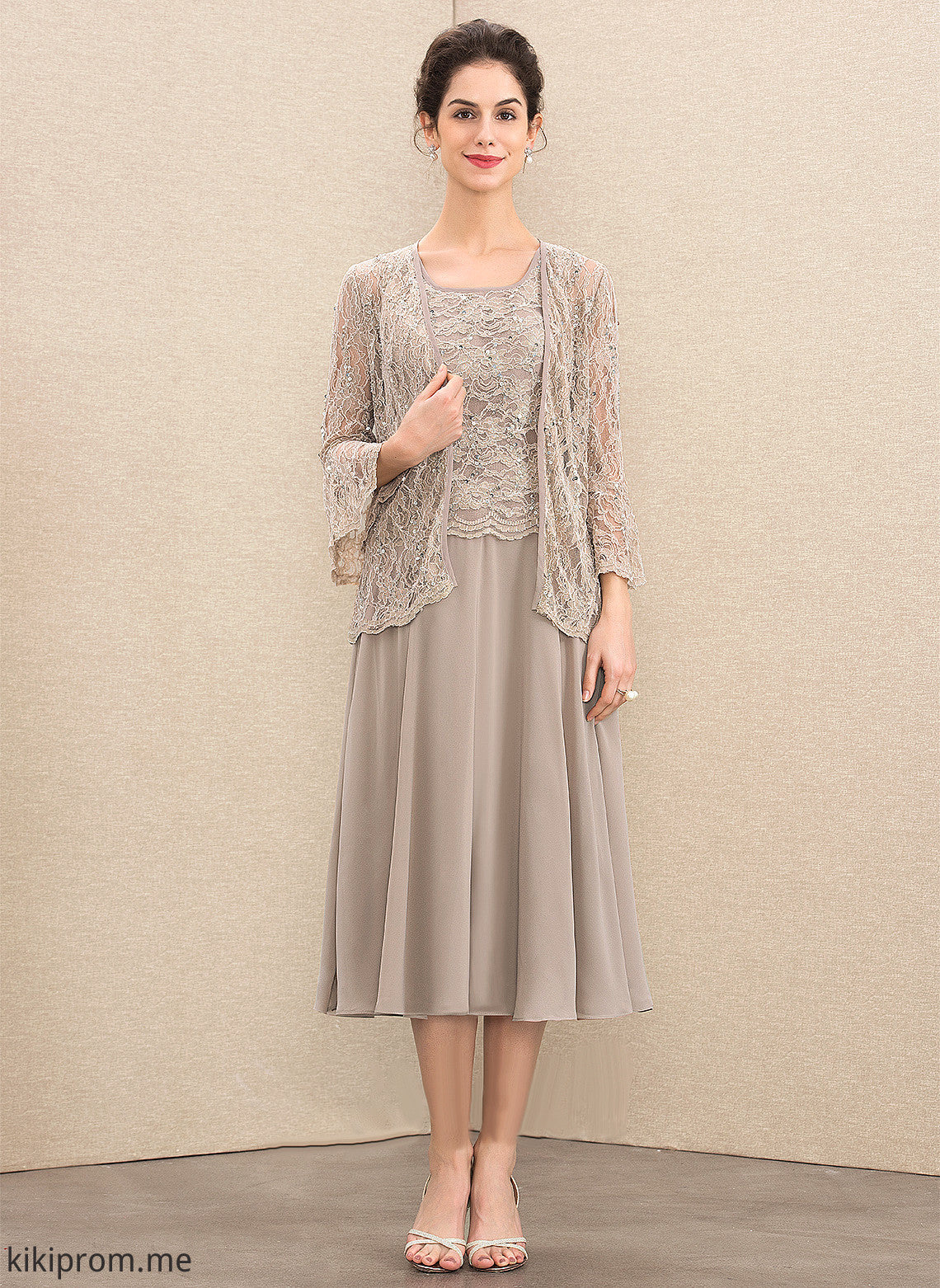 Bride the Lace Chiffon Mother of the Bride Dresses Dulce Mother of With Neck Tea-Length Scoop A-Line Dress Sequins